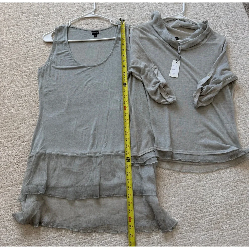 Fantazia Women Gray 3 Pc Set Linen Blend Tunic Tank Sheer Overlay‎ Scarf MED New